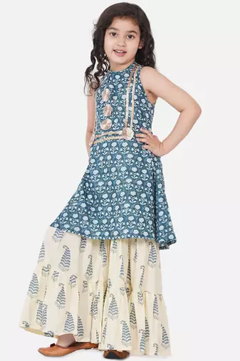 Blue Printed Cotton Blend Kurta Set