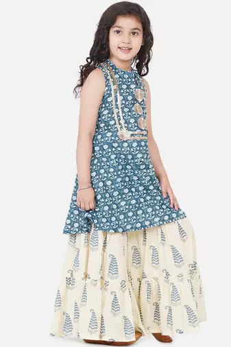 Blue Printed Cotton Blend Kurta Set