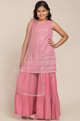 Pink Embroidered Poly Georgette Kurta Set