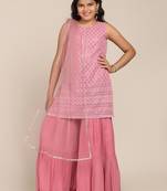 Pink Embroidered Poly Georgette Kurta Set