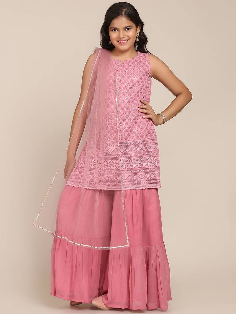 Pink Embroidered Poly Georgette Kurta Set