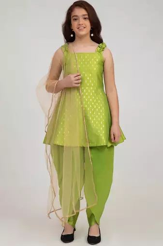 Green Solid Silk Blend Kurta Set