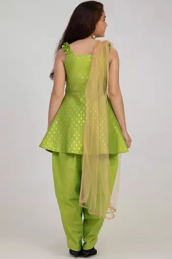 Green Solid Silk Blend Kurta Set