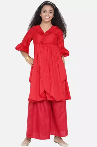Red Solid Silk Blend Kurta Set