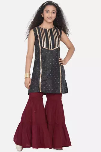 Black Printed Silk Blend Kurta Set