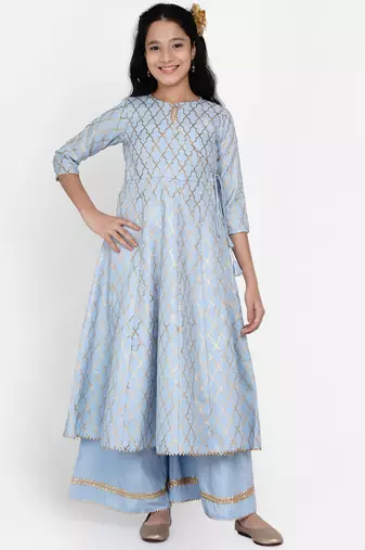 Blue Printed Cotton Blend Kurta Set