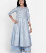 Blue Printed Cotton Blend Kurta Set