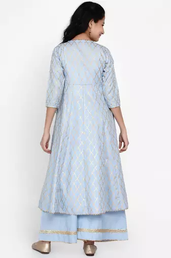 Blue Printed Cotton Blend Kurta Set