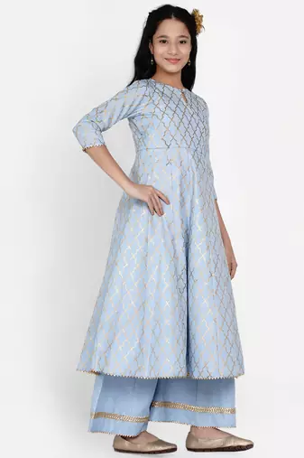 Blue Printed Cotton Blend Kurta Set