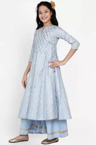 Blue Printed Cotton Blend Kurta Set
