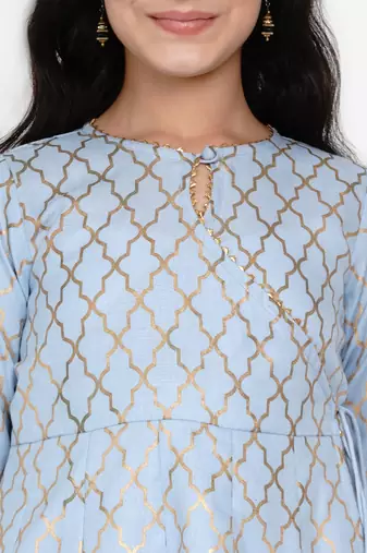 Blue Printed Cotton Blend Kurta Set