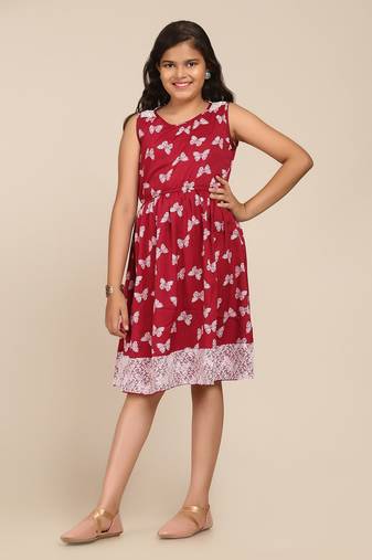 Maroon Printed Poly Silk Flared Dress