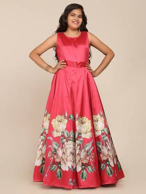 Coral Printed Poly Silk Maxi Dress 1