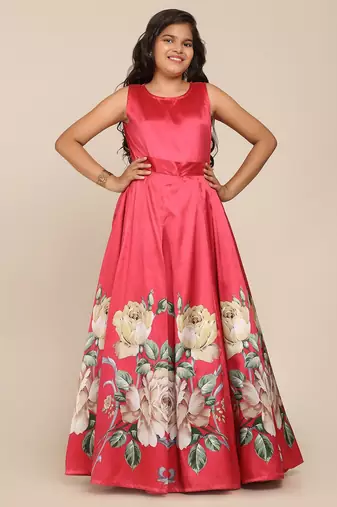 Coral Printed Poly Silk Maxi Dress