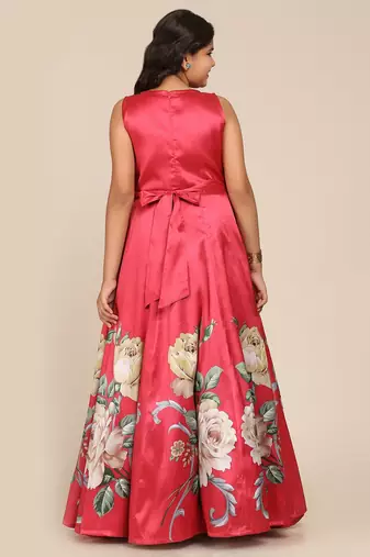 Coral Printed Poly Silk Maxi Dress