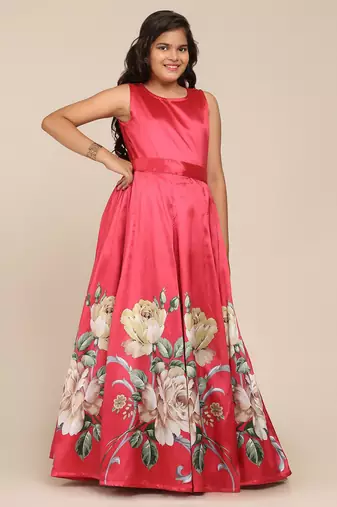 Coral Printed Poly Silk Maxi Dress