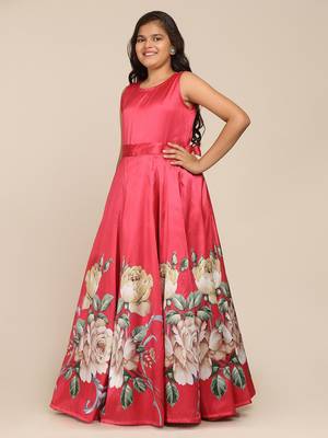 Coral Printed Poly Silk Maxi Dress 4