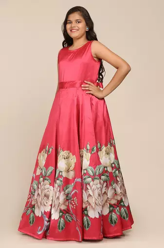 Coral Printed Poly Silk Maxi Dress