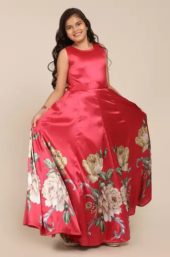 Coral Printed Poly Silk Maxi Dress