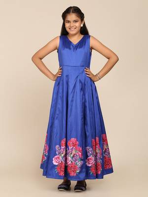 Blue Printed Poly Silk Maxi Dress 1