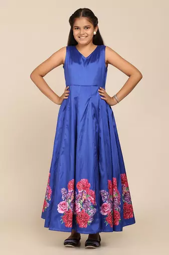 Blue Printed Poly Silk Maxi Dress