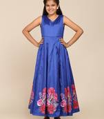 Blue Printed Poly Silk Maxi Dress