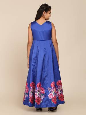 Blue Printed Poly Silk Maxi Dress 2