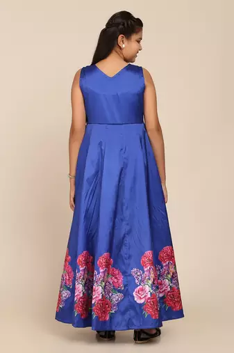 Blue Printed Poly Silk Maxi Dress