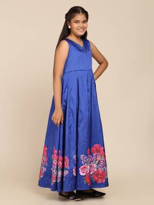 Blue Printed Poly Silk Maxi Dress 3