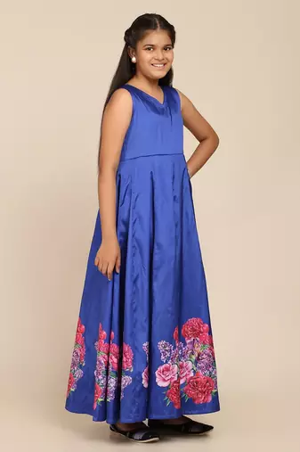 Blue Printed Poly Silk Maxi Dress