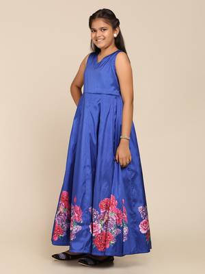 Blue Printed Poly Silk Maxi Dress 4