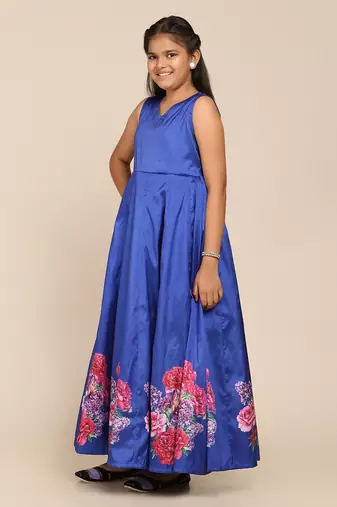 Blue Printed Poly Silk Maxi Dress