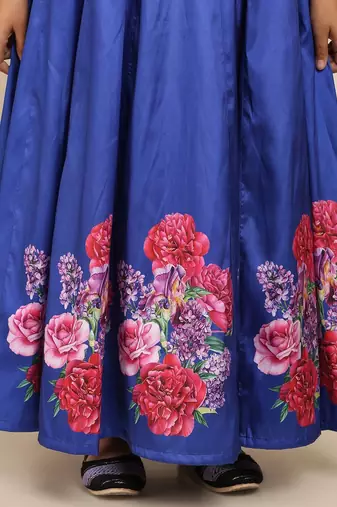 Blue Printed Poly Silk Maxi Dress
