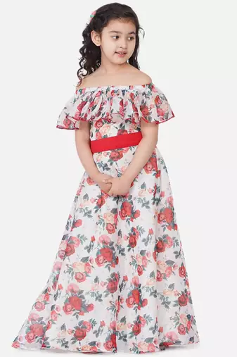 White Printed Poly Silk Maxi Dress