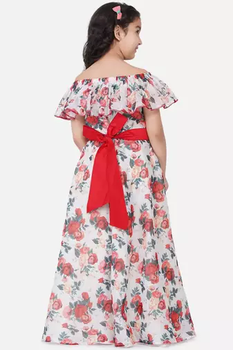 White Printed Poly Silk Maxi Dress