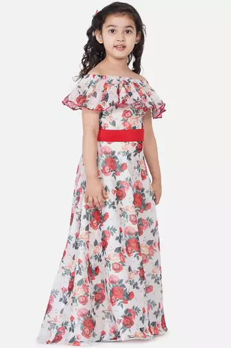 White Printed Poly Silk Maxi Dress
