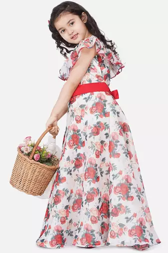 White Printed Poly Silk Maxi Dress