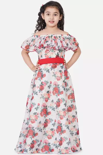 White Printed Poly Silk Maxi Dress