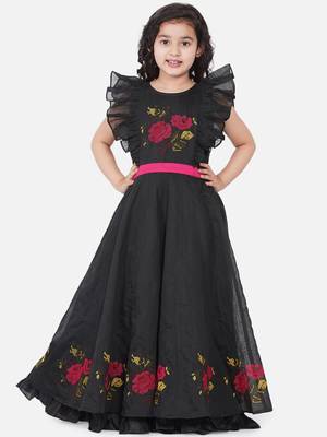 Black Embroidered Poly Silk Maxi Dress 1