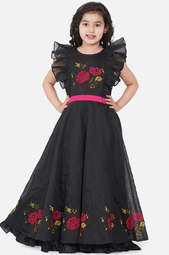 Black Embroidered Poly Silk Maxi Dress