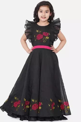 Black Embroidered Poly Silk Maxi Dress