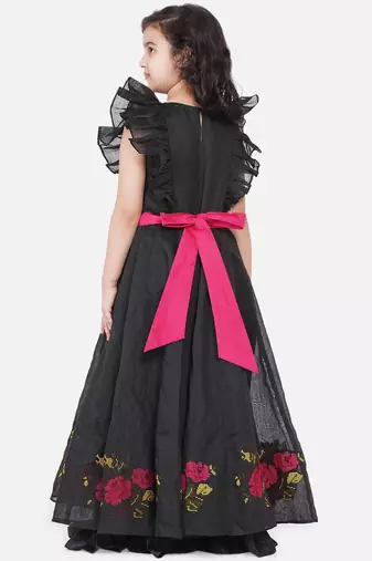 Black Embroidered Poly Silk Maxi Dress