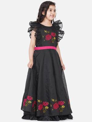 Black Embroidered Poly Silk Maxi Dress 3