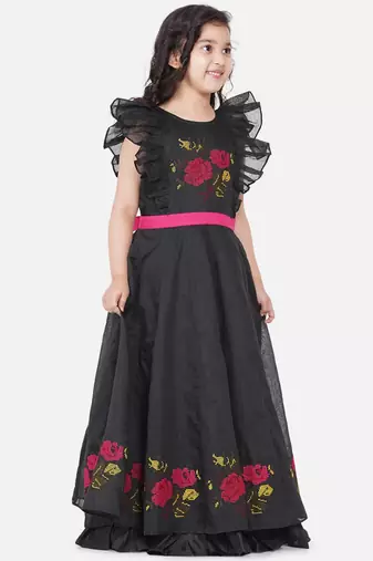 Black Embroidered Poly Silk Maxi Dress