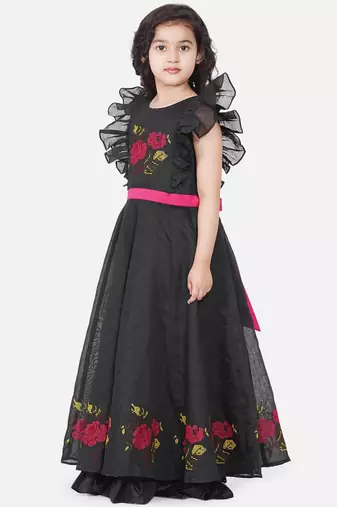Black Embroidered Poly Silk Maxi Dress
