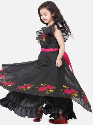 Black Embroidered Poly Silk Maxi Dress 5