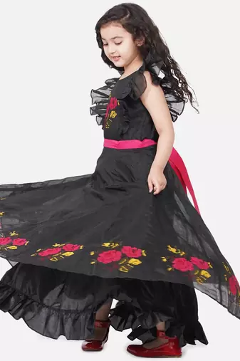 Black Embroidered Poly Silk Maxi Dress