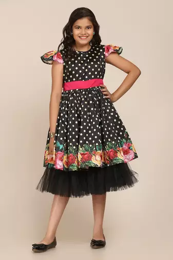 Black Printed Poly Silk Flared Dress