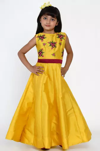 Yellow Embroidered Silk Fit And Flare Dress
