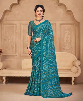 Roop Kashish Teal Blue Color Bandhani Print Chiffon Printed Saree And Printed Blouse Piece 1